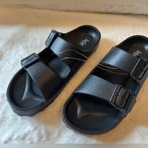 Black Hey Girl  Double-Buckle Slide Sandals